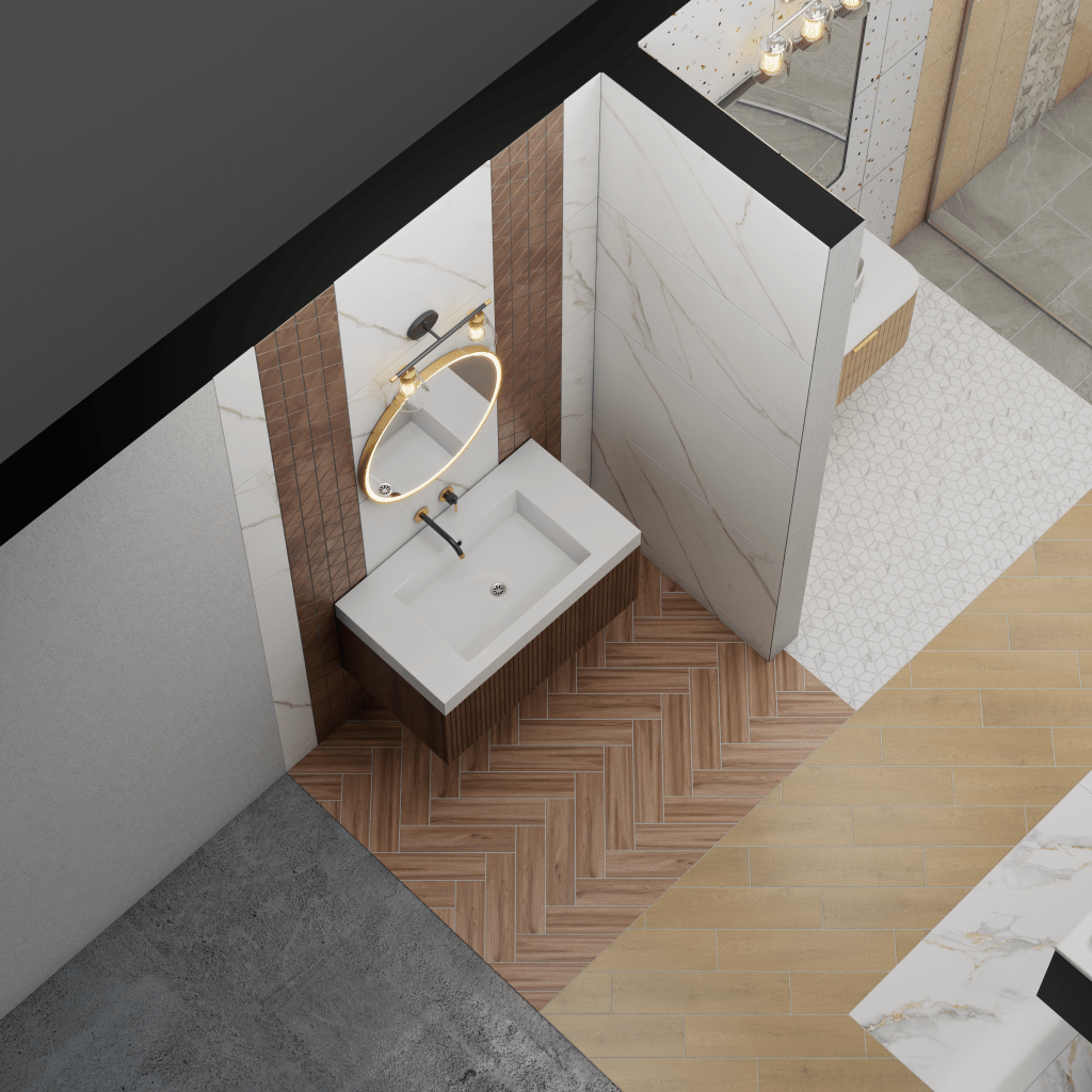 3D rendering of a modern bathroom design featuring a floating wood vanity, white marble and wood-look wall tiles, and herringbone wood-style floor tiles.