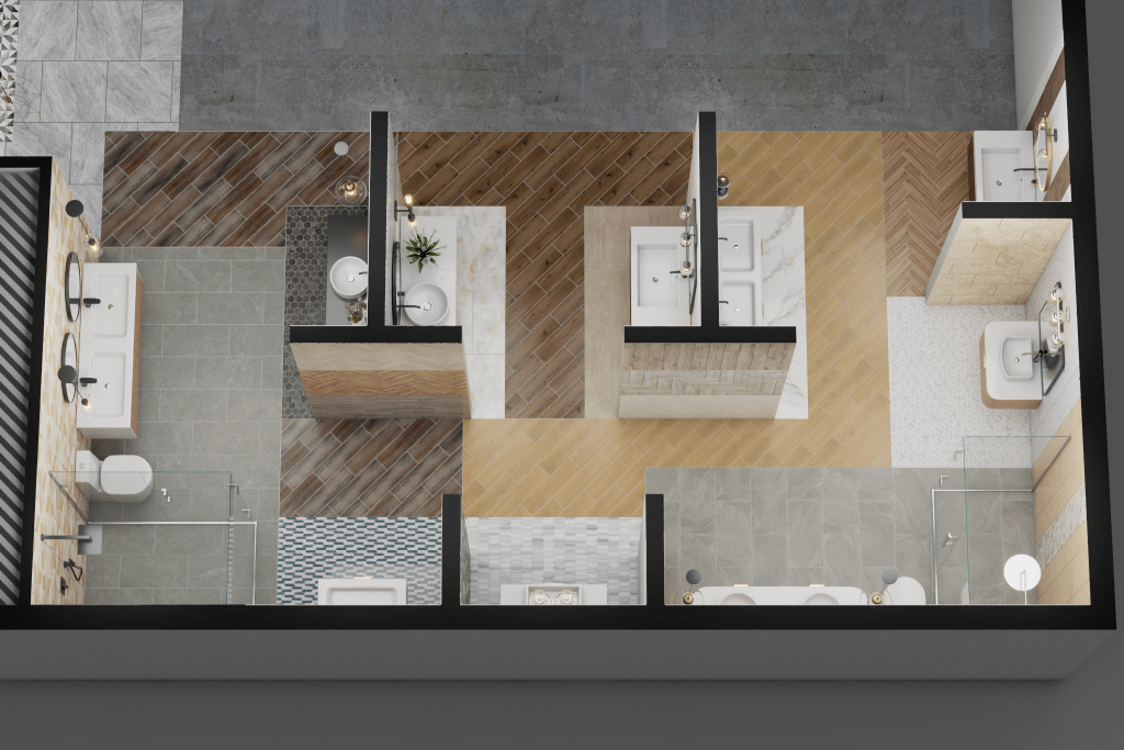 Top-down 3D floor plan of a showroom displaying various bathroom vignettes with diverse tile arrangements, vanities, and shower layouts.