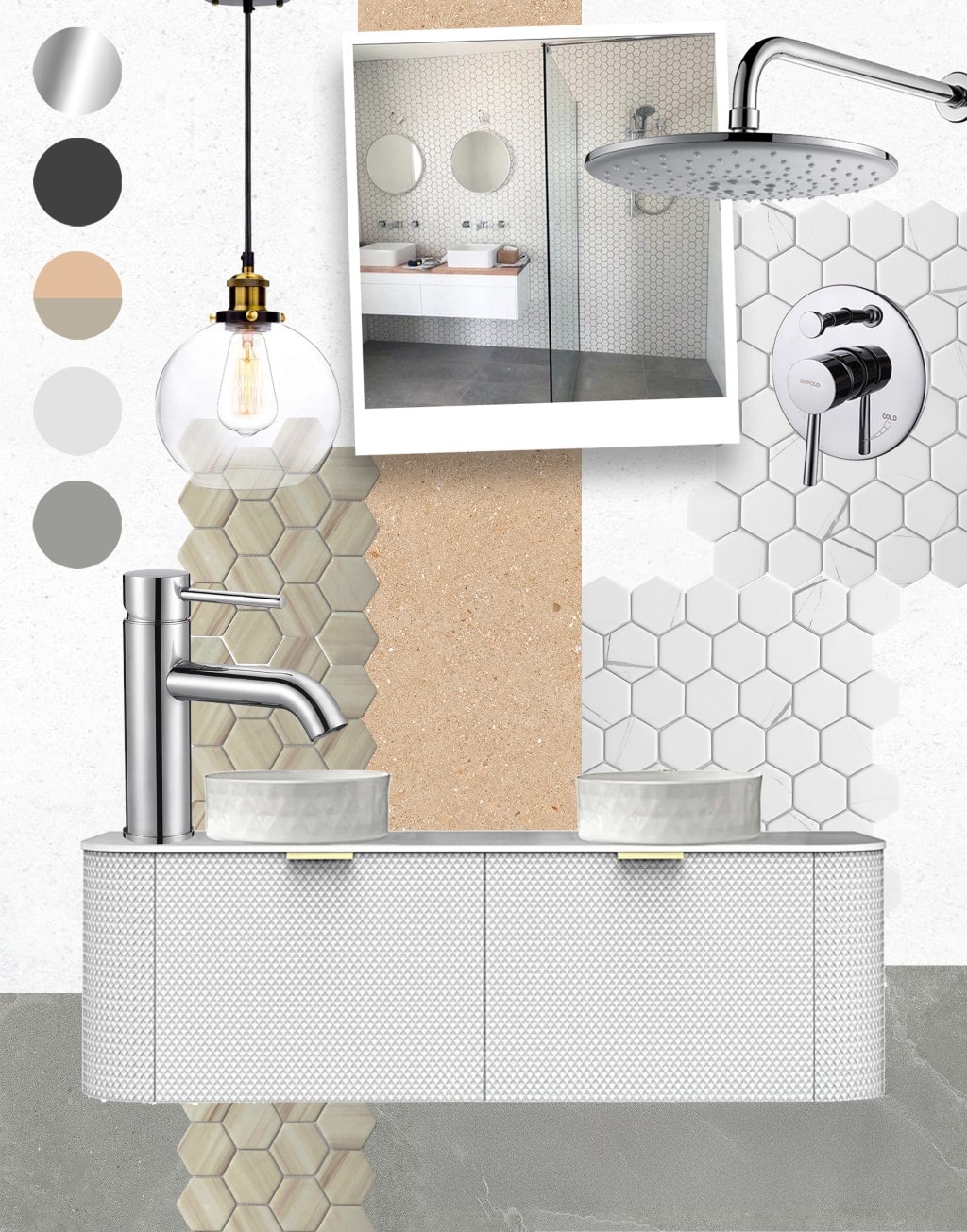 Bathroom design mood board showcasing a modern white double vanity, chrome fixtures, hexagonal tiles in white and beige, a glass pendant light, and an inspirational photo.