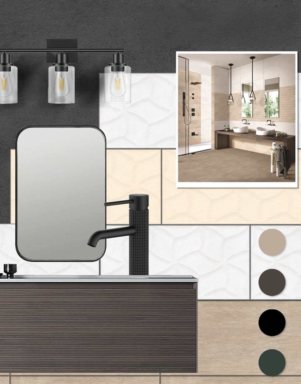 A sophisticated bathroom mood board with a dark wood vanity, matte black faucet and light fixtures, textured wall tiles, and an inspirational photo of a contemporary bathroom.