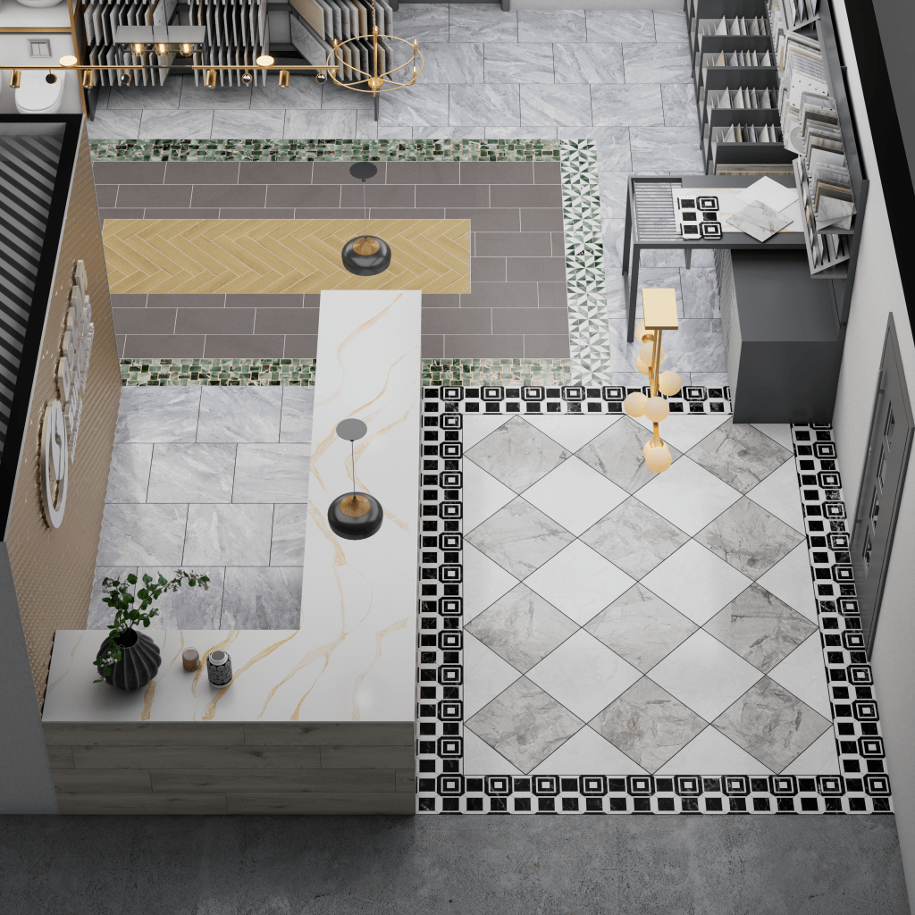 Aerial 3D rendering of a tile showroom layout featuring intricate floor tile patterns, including checkerboard, herringbone, and mosaic borders, with a central reception desk.