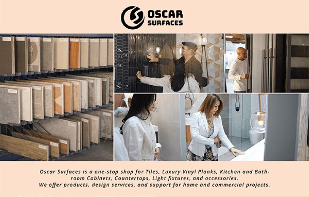 Promotional banner for Oscar Surfaces, showing customers in their showroom, extensive tile displays, and text describing their products and services.