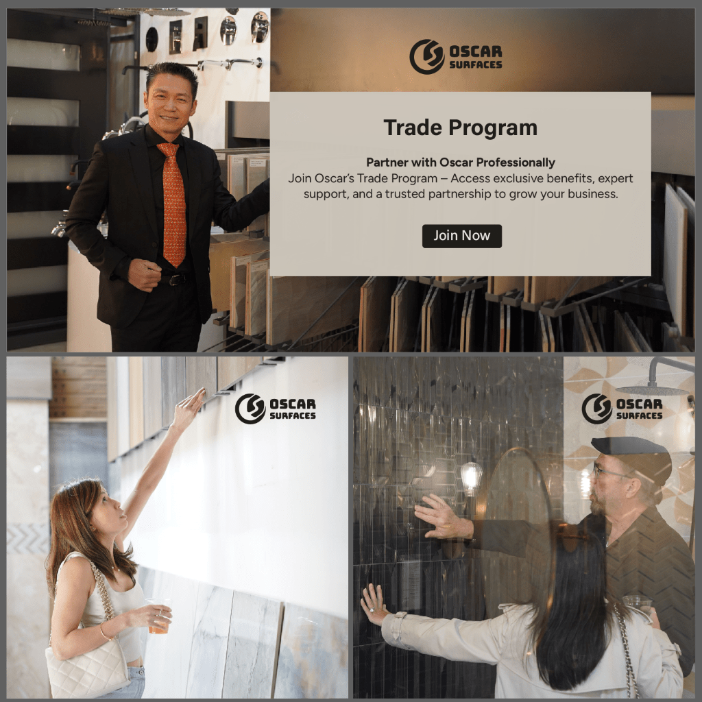 A promotional graphic for the Oscar Surfaces Trade Program, featuring a collage of a professional partner and customers interacting with products in a showroom.