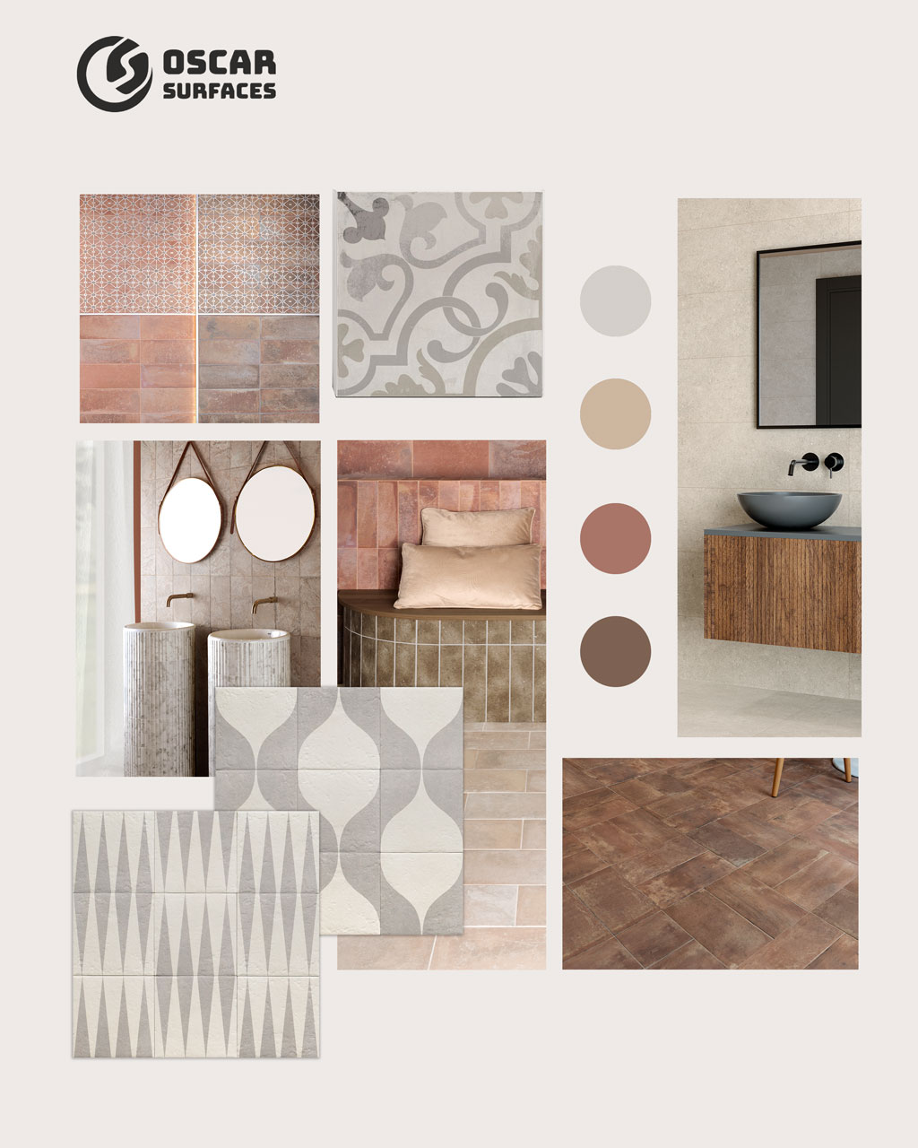 A mood board for Oscar Surfaces featuring terracotta and grey patterned tiles, modern bathroom interior designs, and a complementary four-color palette.