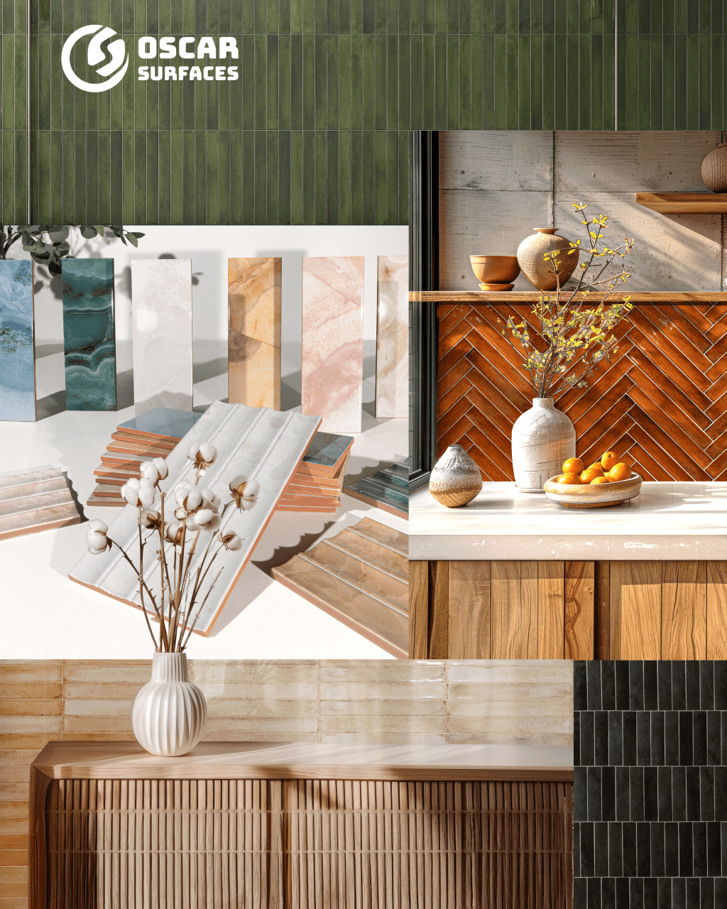 A collage showcasing various tile applications, including green vertical subway tiles, marble-look slabs, a herringbone kitchen backsplash, and wood-textured surfaces.