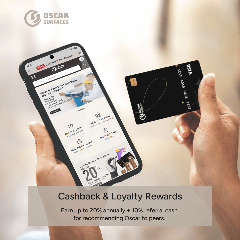A marketing graphic for Oscar Surfaces' loyalty program, showing a hand holding a smartphone with the rewards app and a branded Visa credit card.