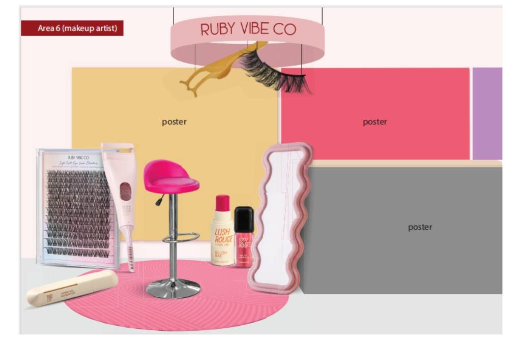 Concept board for a makeup artist station at the Ruby Vibe Co pop-up, displaying a pink stool, a wavy mirror, and various lash products.