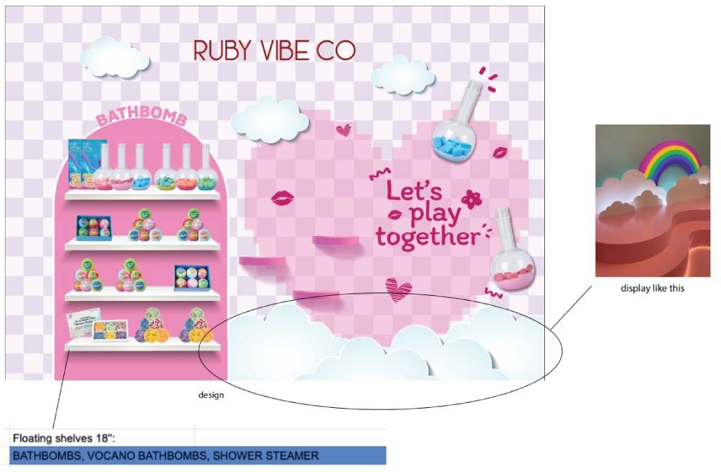 Design concept for a Ruby Vibe Co bath bomb display, featuring floating shelves on a pink wall with cloud decorations and a 'Let's play together' theme
