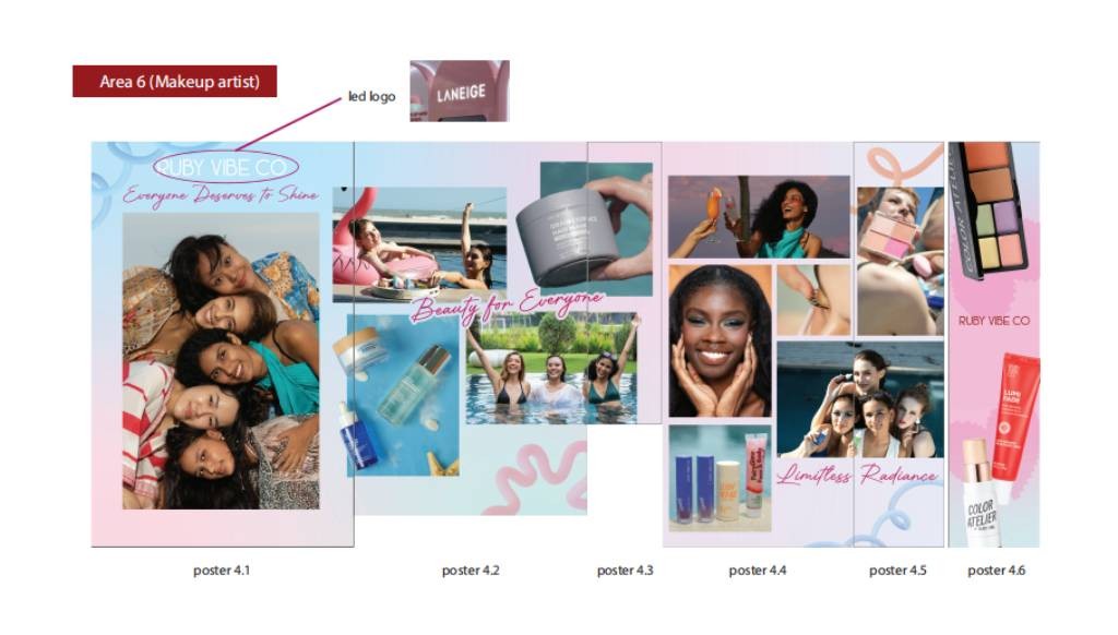 Design proposal for a makeup artist area at a Ruby Vibe Co pop-up, showing a collage of posters with diverse models and beauty products.