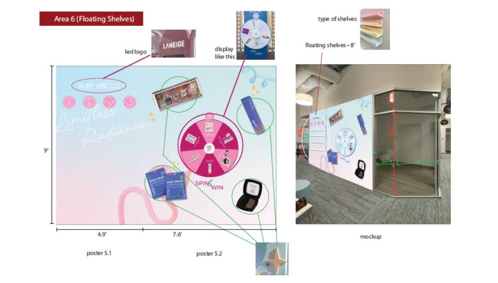 Design and mockup for a floating shelf area at a Ruby Vibe Co pop-up, featuring a 'Spin to Win' game and product displays on a branded wall.