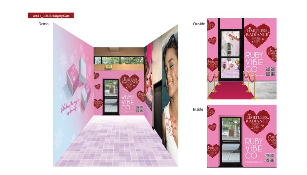 3D design concept for an LED display gate at a Ruby Vibe Co pop-up event, showing the pink-themed entryway from both outside and inside perspectives.
