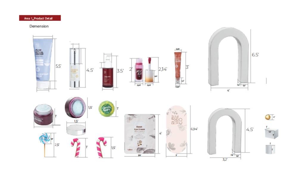Specification sheet showing dimensions of various beauty products and decorative props for the Ruby Vibe Co pop-up event.