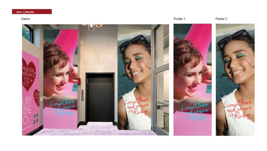 Design demonstration showing branded posters for Ruby Vibe Co's 'Limitless Radiance' campaign wrapped around an elevator entrance.