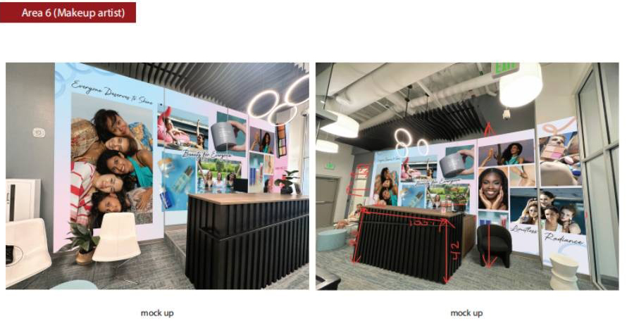 Mockup photographs of a makeup artist station at the Ruby Vibe Co pop-up, with a service desk in front of a large branded photo collage.