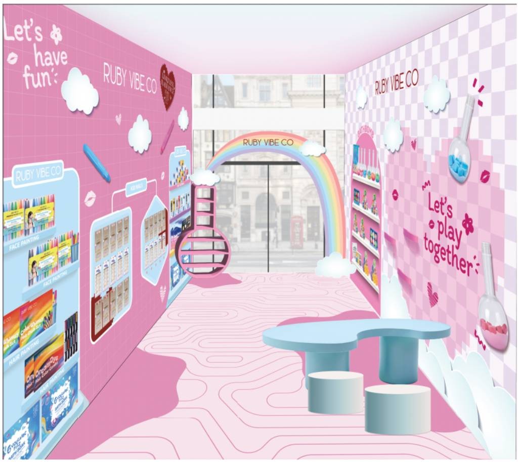 3D rendering of a whimsical Ruby Vibe Co pop-up room with pink walls, a large rainbow, beaker-shaped shelves, and a 'Let's play together' theme.