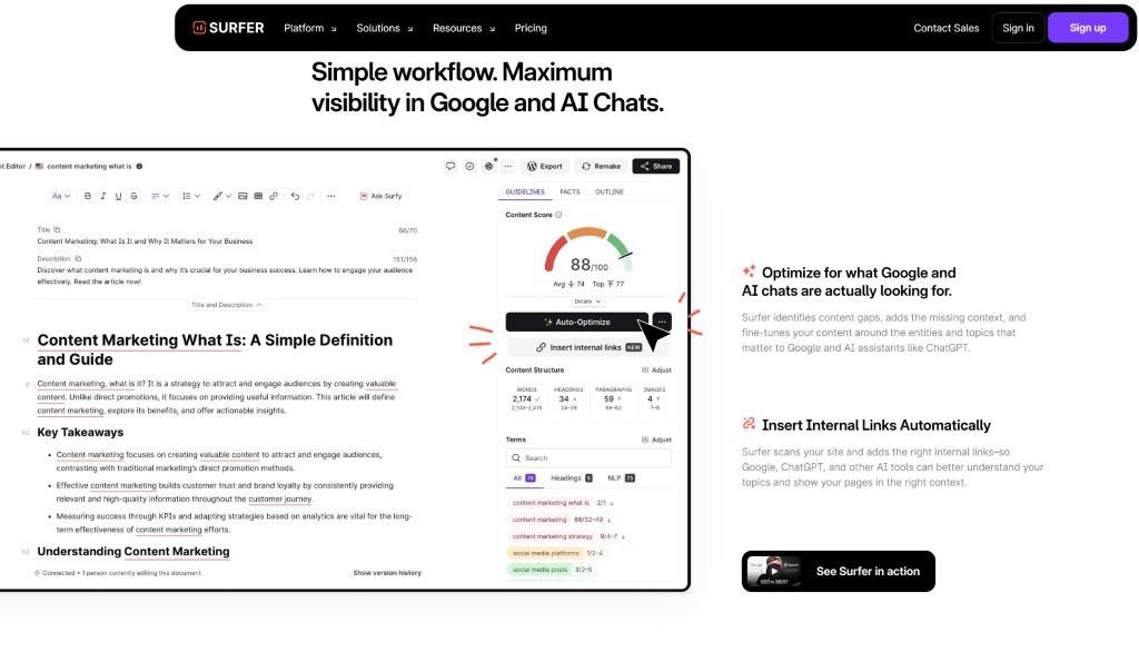 Use Surfer SEO to optimize B2B content for search engines and AI assistants.