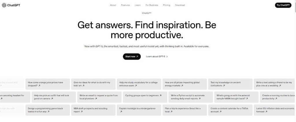 Homepage of OpenAI's ChatGPT, showing the headline 'Get answers. Find inspiration. Be more productive.' and a prompt bar with example questions.