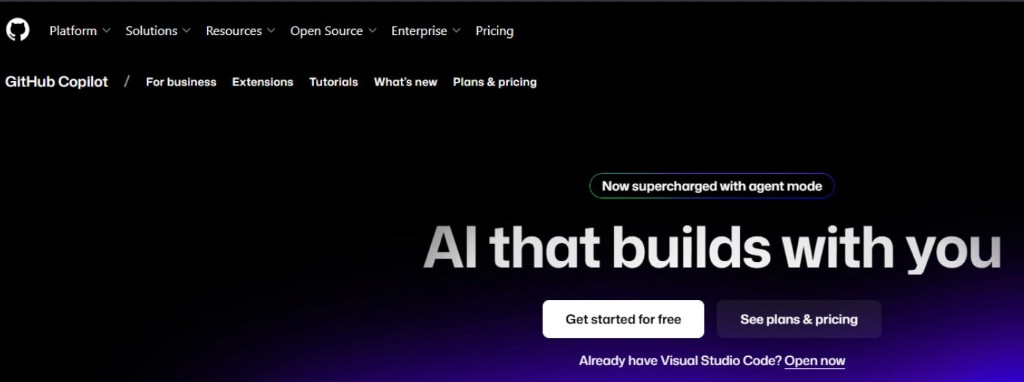 Homepage of GitHub Copilot, an AI tool for developers, with the headline 'AI that builds with you'