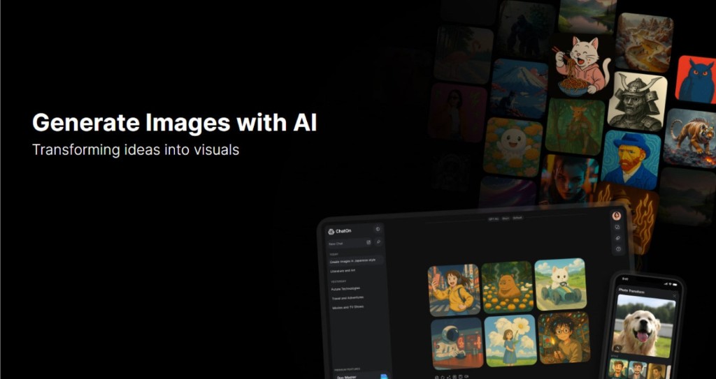 An AI image generation tool's website with the headline 'Generate Images with AI' and a gallery of diverse AI-created images.