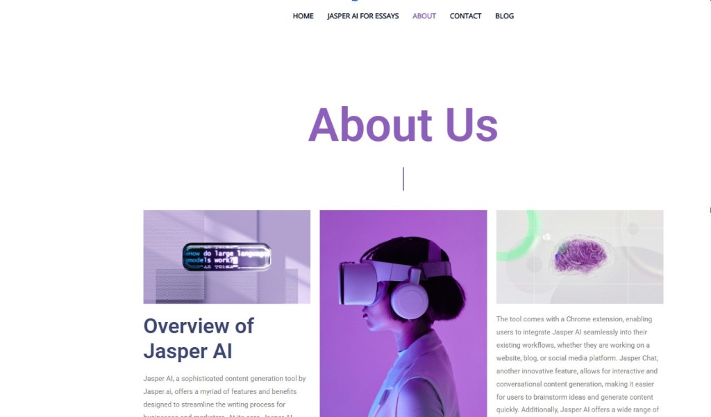 The 'About Us' page for Jasper AI, a content generation tool, featuring an overview of the product with purple-themed imagery.