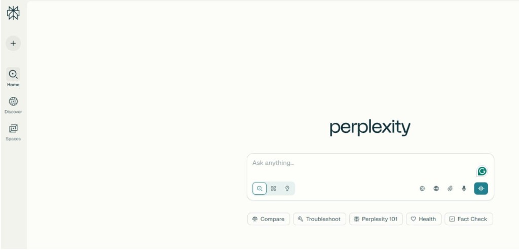 The minimalist homepage of Perplexity AI, featuring a central search bar with the text 'Ask anything'