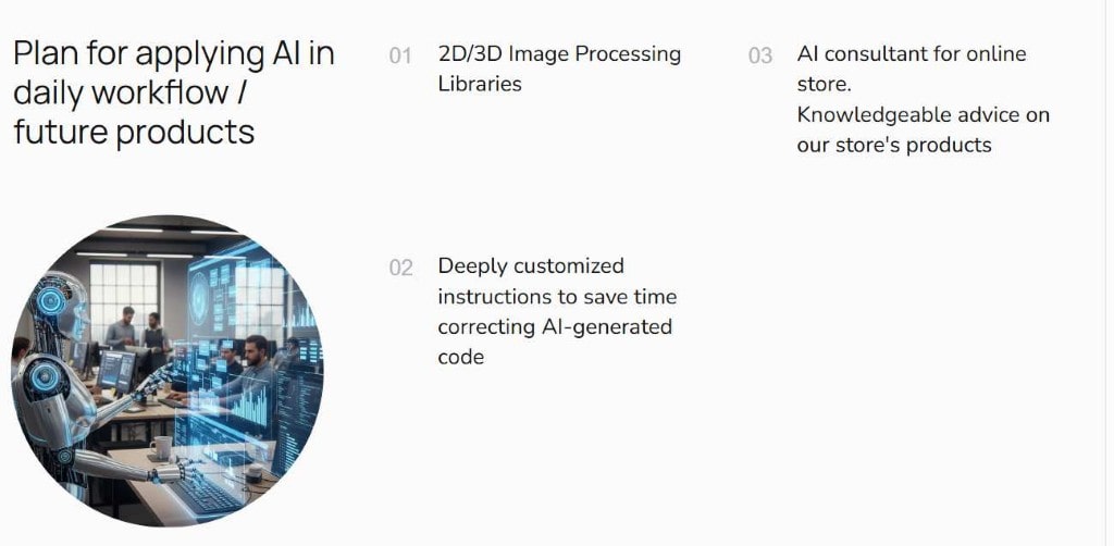 Robot and diverse team collaborating in a modern office with futuristic digital displays.