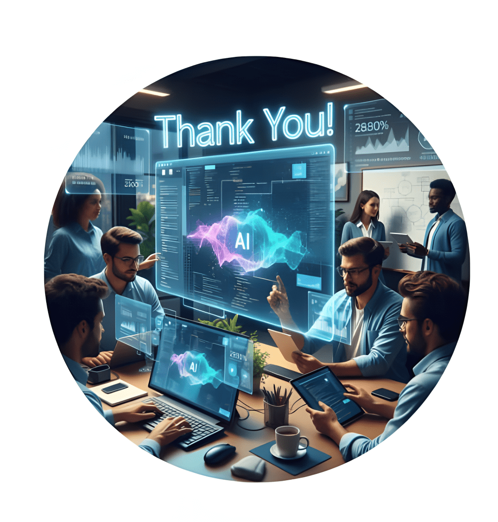 Diverse team of professionals around a table reviewing a large, glowing, transparent screen displaying AI data and charts.