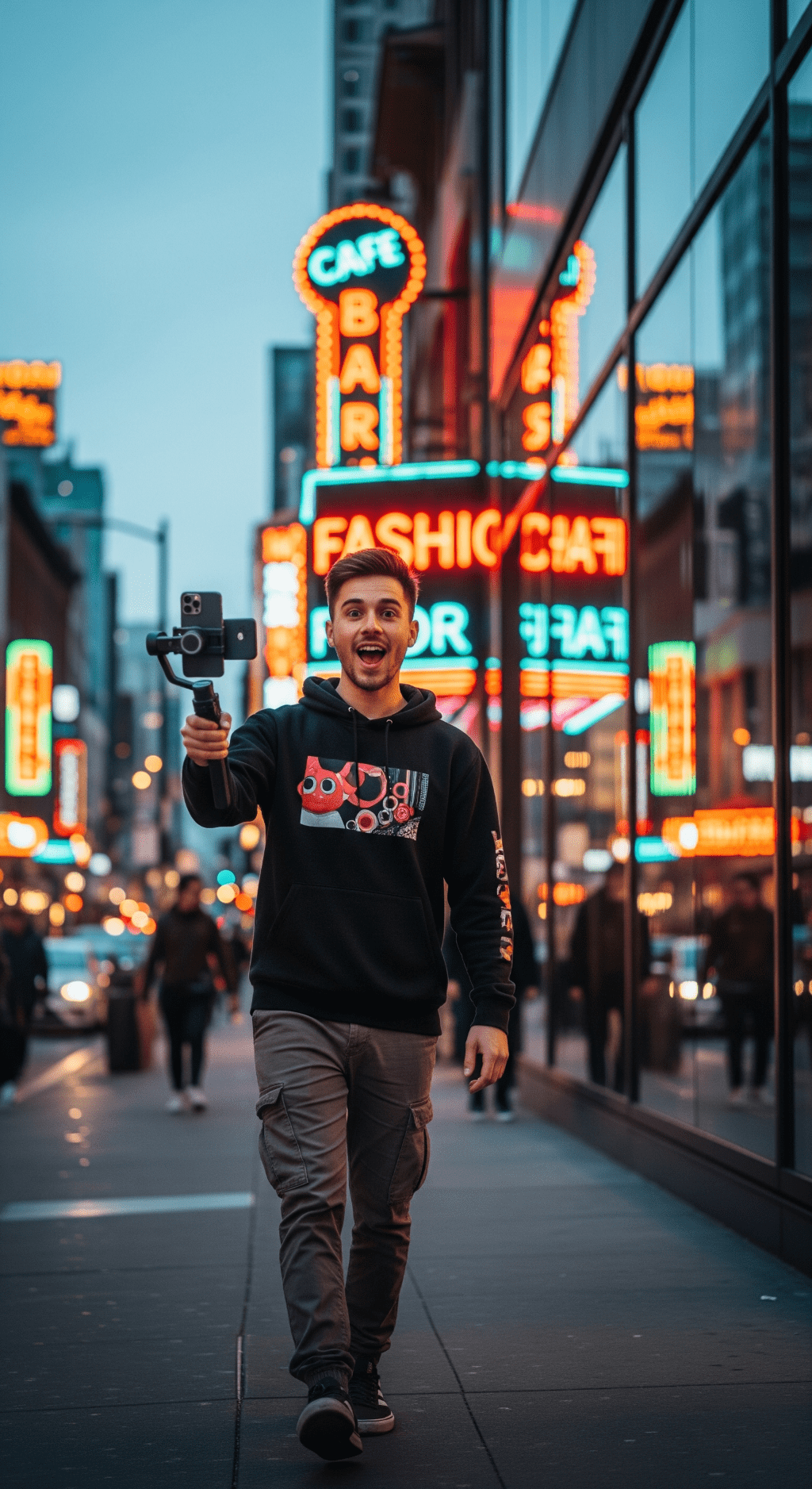 oung man vlogging with phone and gimbal on neon-lit city street at dusk.