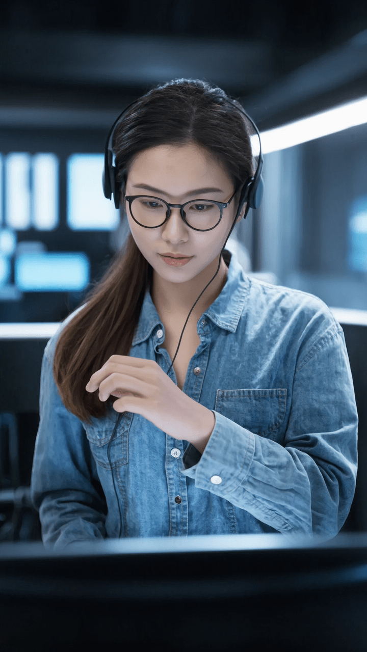 A young woman wearing glasses and headphones focuses intently on a computer screen in a dimly lit office.