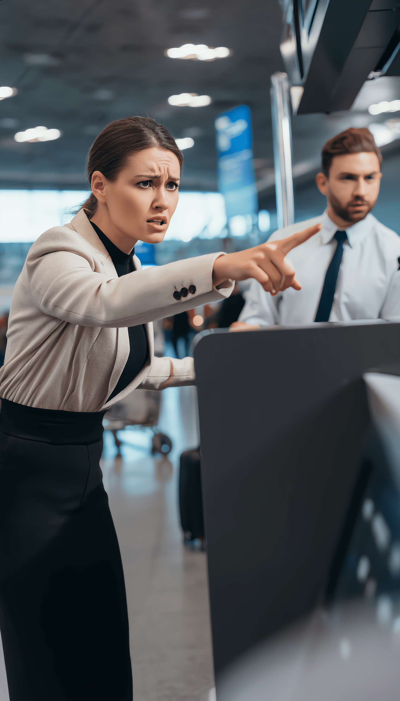 An angry woman in a blazer pointing her finger while arguing at an airport counter, as a male employee watches from the background.