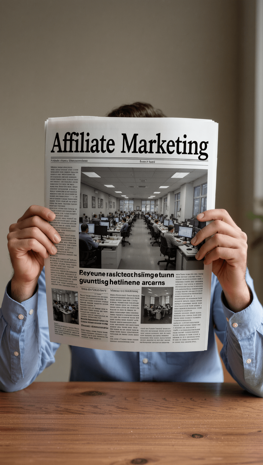 A person sits at a desk holding up a newspaper with the headline