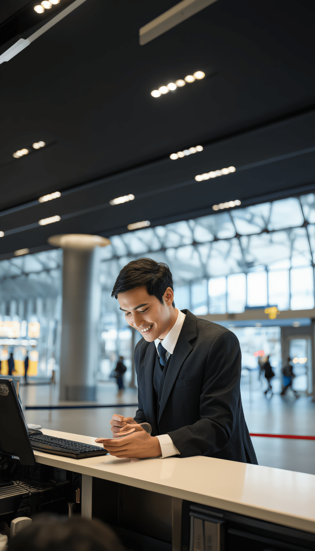 A smiling male concierge in a suit stands at a reception desk in a modern hotel or airport lobby, looking down at his computer.