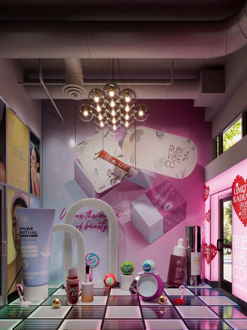 Visual display of cosmetics and beauty products, illustrating the need for robust, protective packaging solutions for fragile goods.