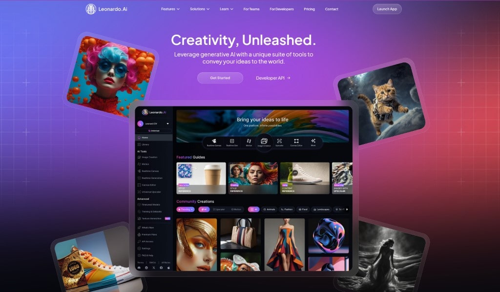 The homepage for the generative AI platform Leonardo.Ai, showcasing its interface and a variety of colorful AI-generated images