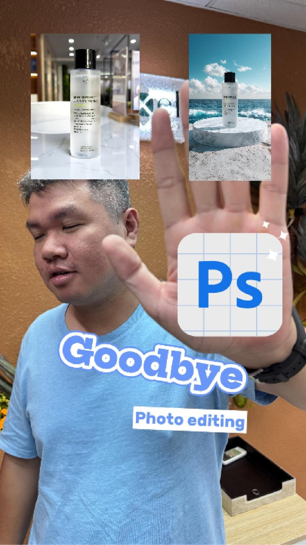 A man holds up his hand with the Photoshop logo and text 