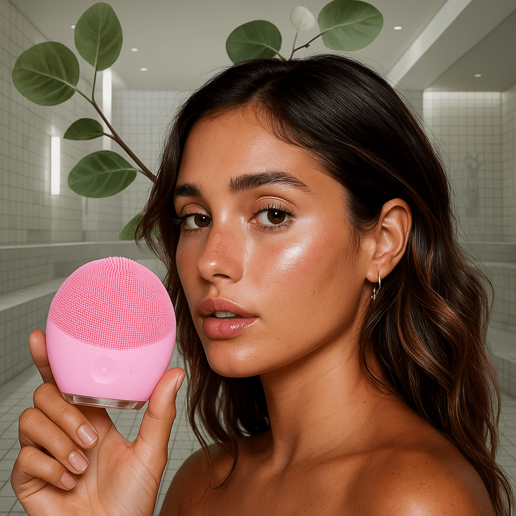 A woman with dewy skin holds up a pink silicone facial cleansing brush in a brightly lit, tiled bathroom.
