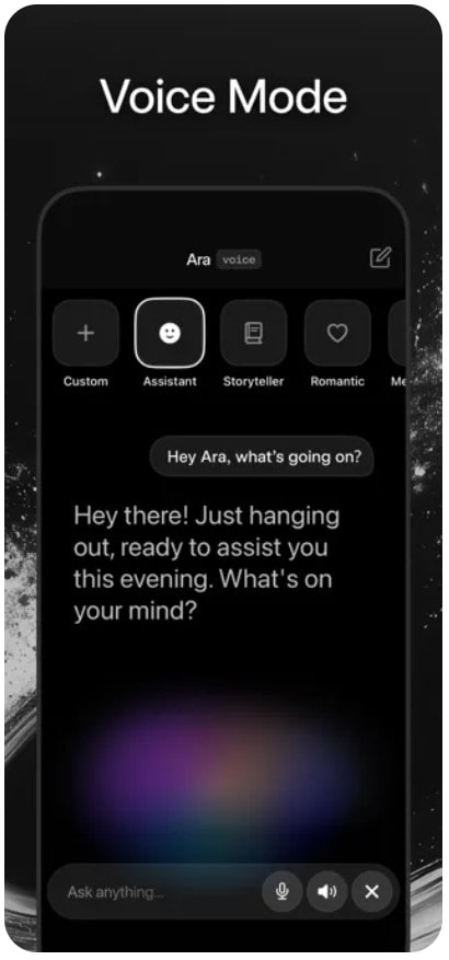 Mobile app showing Grok AI's Voice Mode with selectable personas like Assistant, Storyteller, and Romantic.
