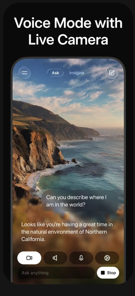 Mobile app showing Grok AI's Voice Mode with Live Camera viewing cliffs and ocean, identifying the location as Northern California.