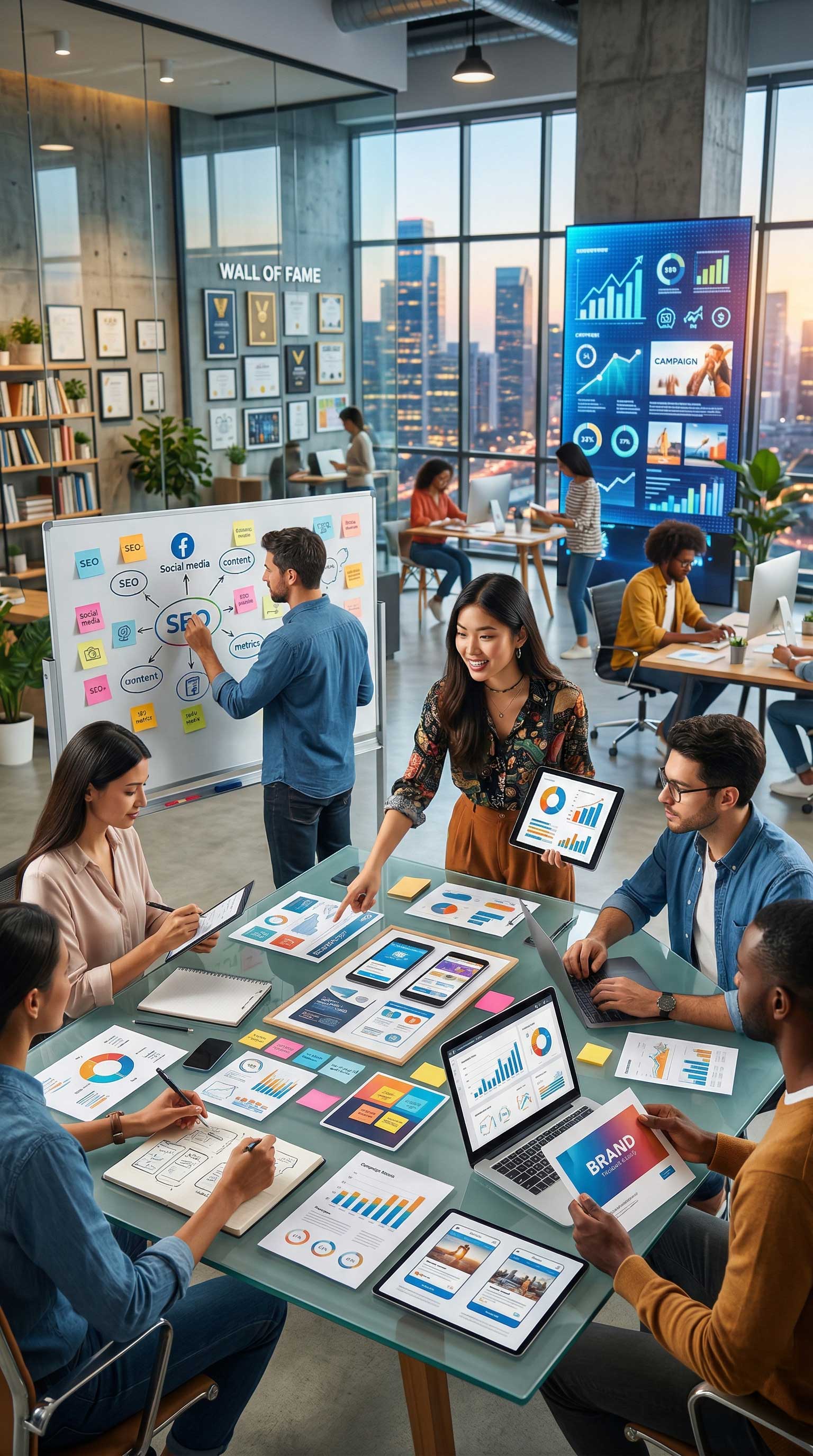 Marketing team at Pixel Commercial Studio collaborating on SEO, branding, and digital analytics in a modern city office.