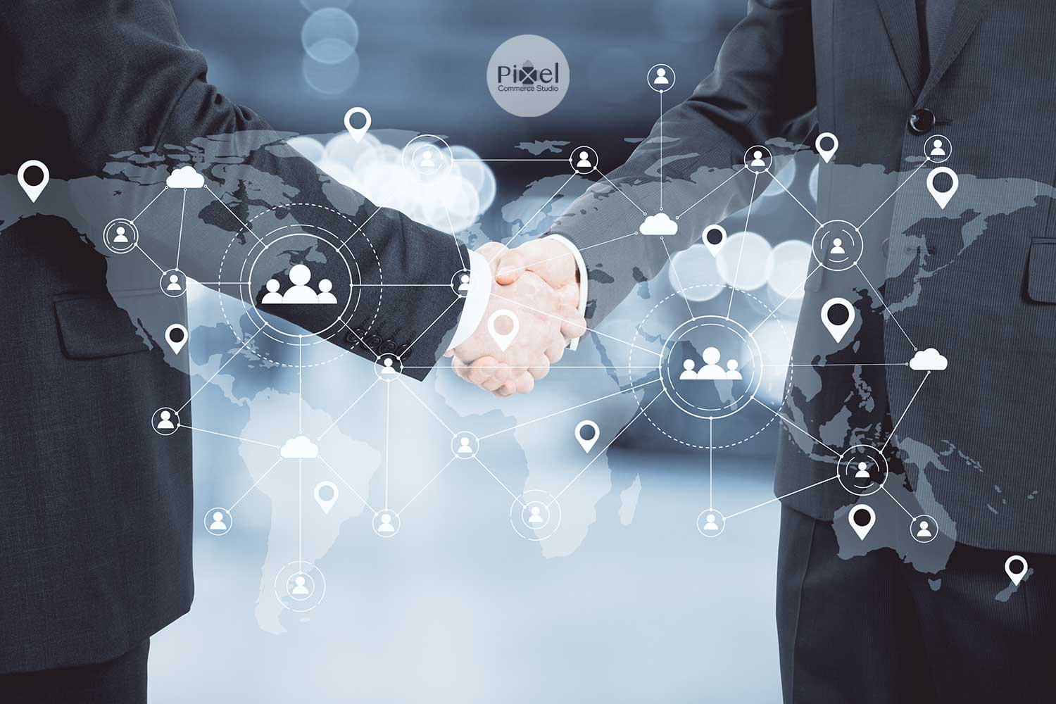 Two professionals shaking hands with a digital world map and network icons.