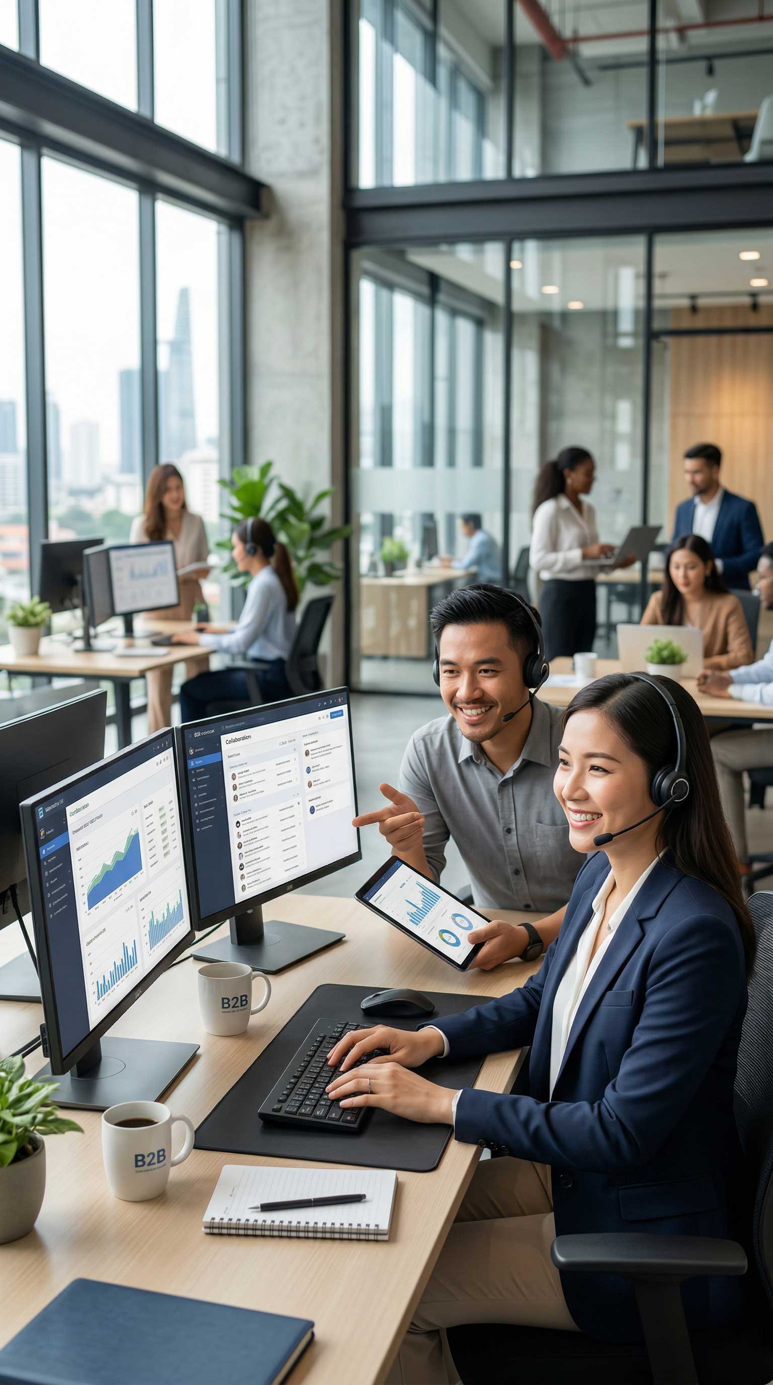 An Asian support team using CRM and analytics data in a modern, open-plan office for B2B client success