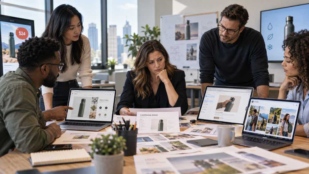 Stressed marketing team reviewing a fragmented campaign brief and assets on laptops. Pixel Commercial Studio.